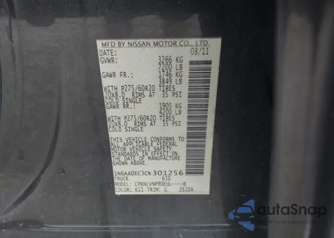 2012 Nissan Titan Sl из США, поврежденный, VIN 1N6AA0EC3CN301256